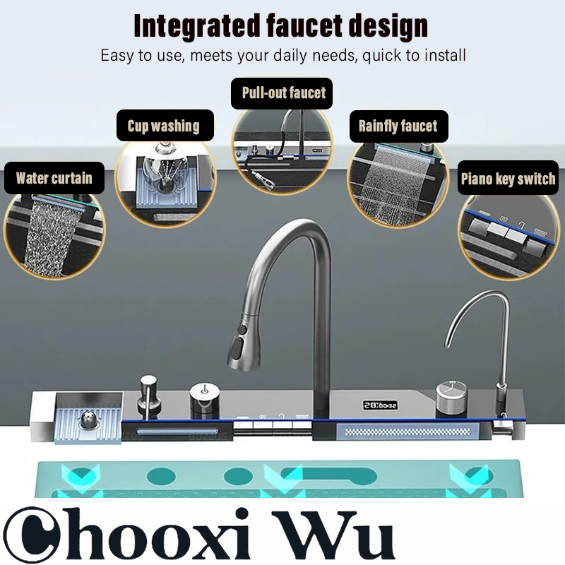 Home Improvement Kitchen Set - CHOO XIWU-蛇口付きステンレス鋼の台所の流し,単一のボウルの蛇口,カスケード,5つの機能,皿
