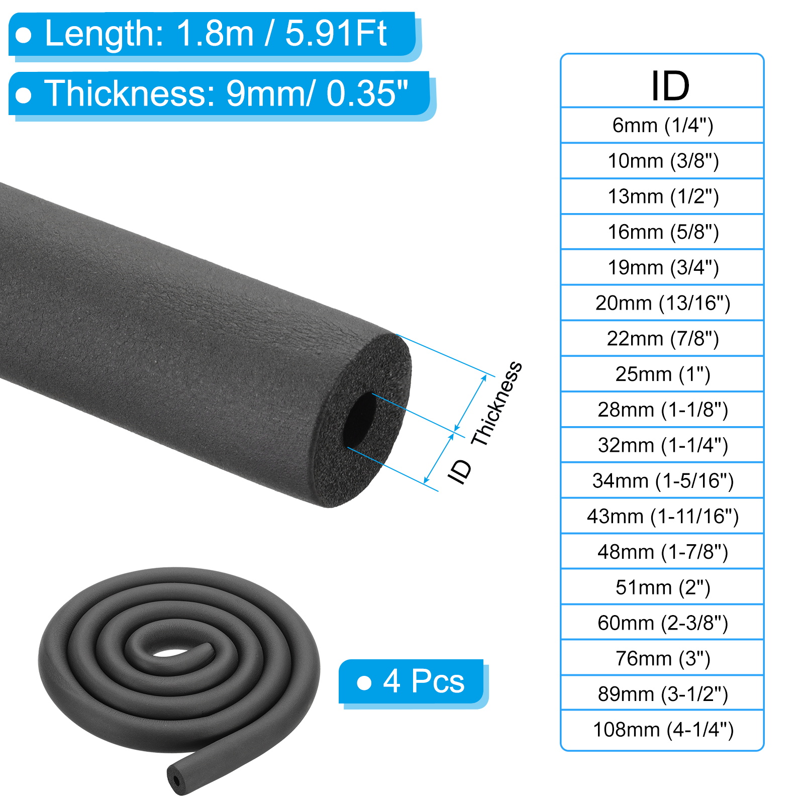 uxcell 4 個 1.8 メートルパイプ断熱フォームチュ - Pipe Insulation Foam のレビューと価格